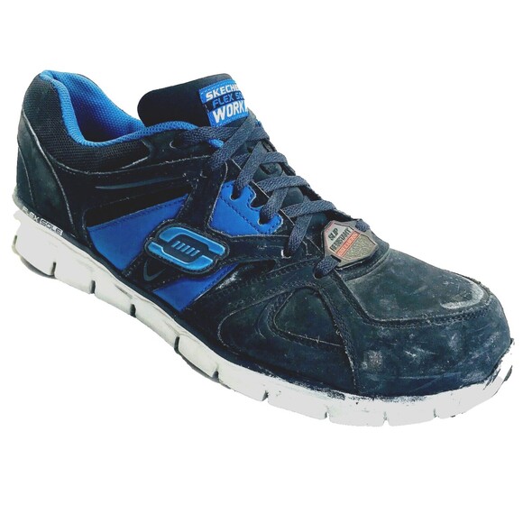 Skechers Work Shoe 13 Steel Alloy Toe Non Slip Leather Flex 2412 Black Blue - Picture 1 of 12